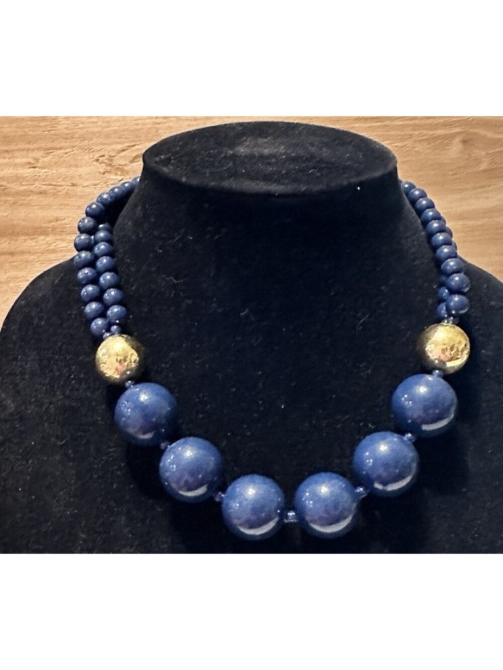 Vintage Monet Blue Gold Gumball Beaded Nautical Necklace Foldover Clasp